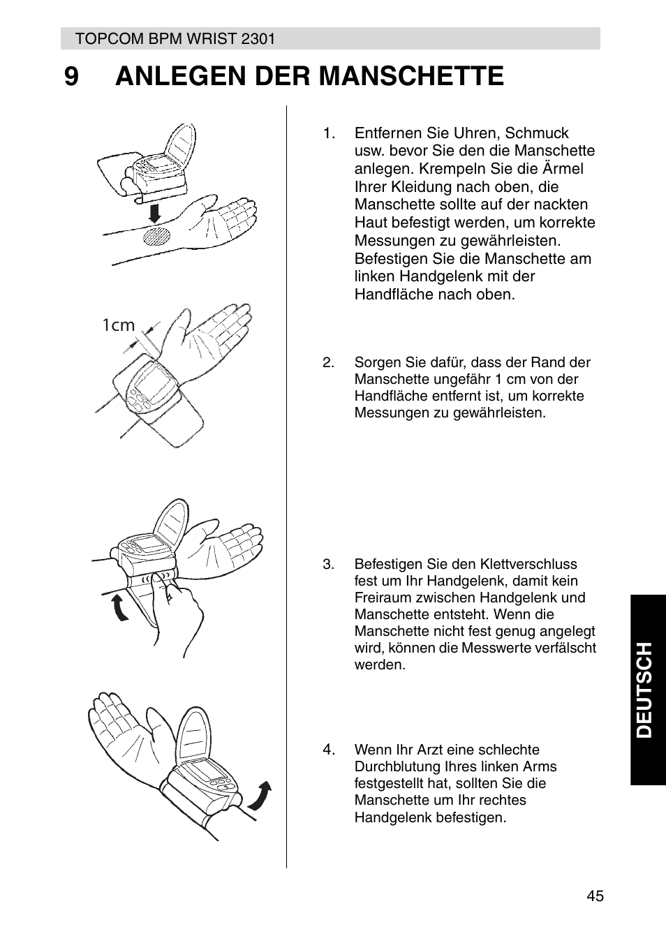 9anlegen der manschette | Topcom BPM Wrist 2301 User Manual | Page 45 / 112