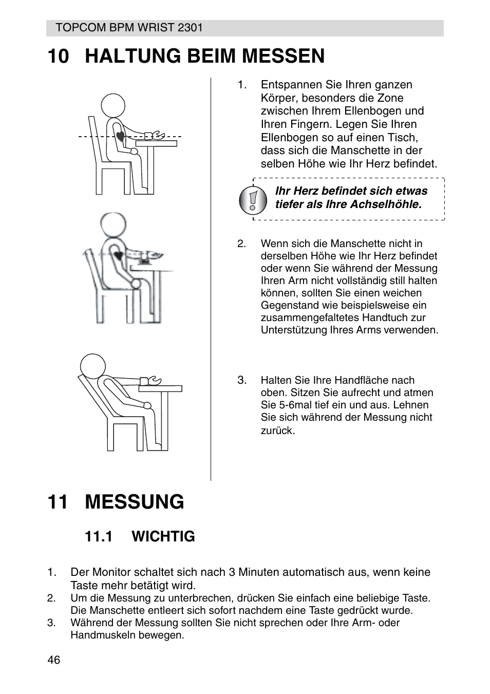 10 haltung beim messen 11 messung | Topcom BPM Wrist 2301 User Manual | Page 46 / 112