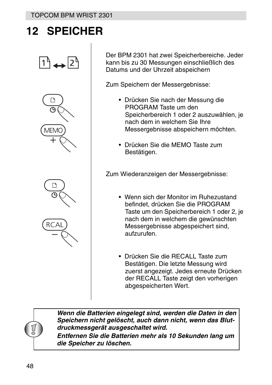 12 speicher | Topcom BPM Wrist 2301 User Manual | Page 48 / 112