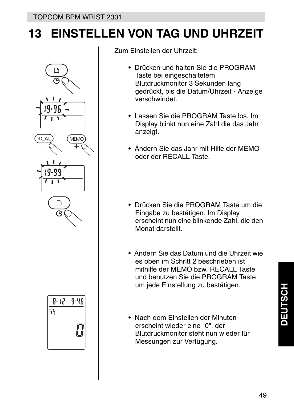 13 einstellen von tag und uhrzeit, Deut s ch | Topcom BPM Wrist 2301 User Manual | Page 49 / 112