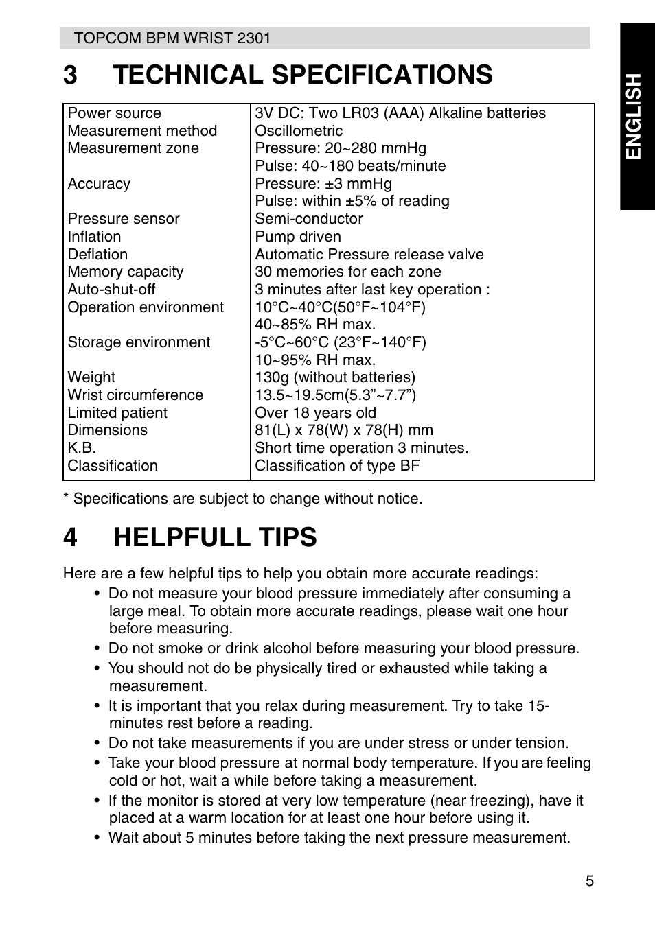 3technical specifications, 4helpfull tips | Topcom BPM Wrist 2301 User Manual | Page 5 / 112