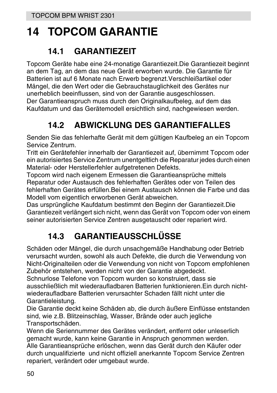 14 topcom garantie | Topcom BPM Wrist 2301 User Manual | Page 50 / 112