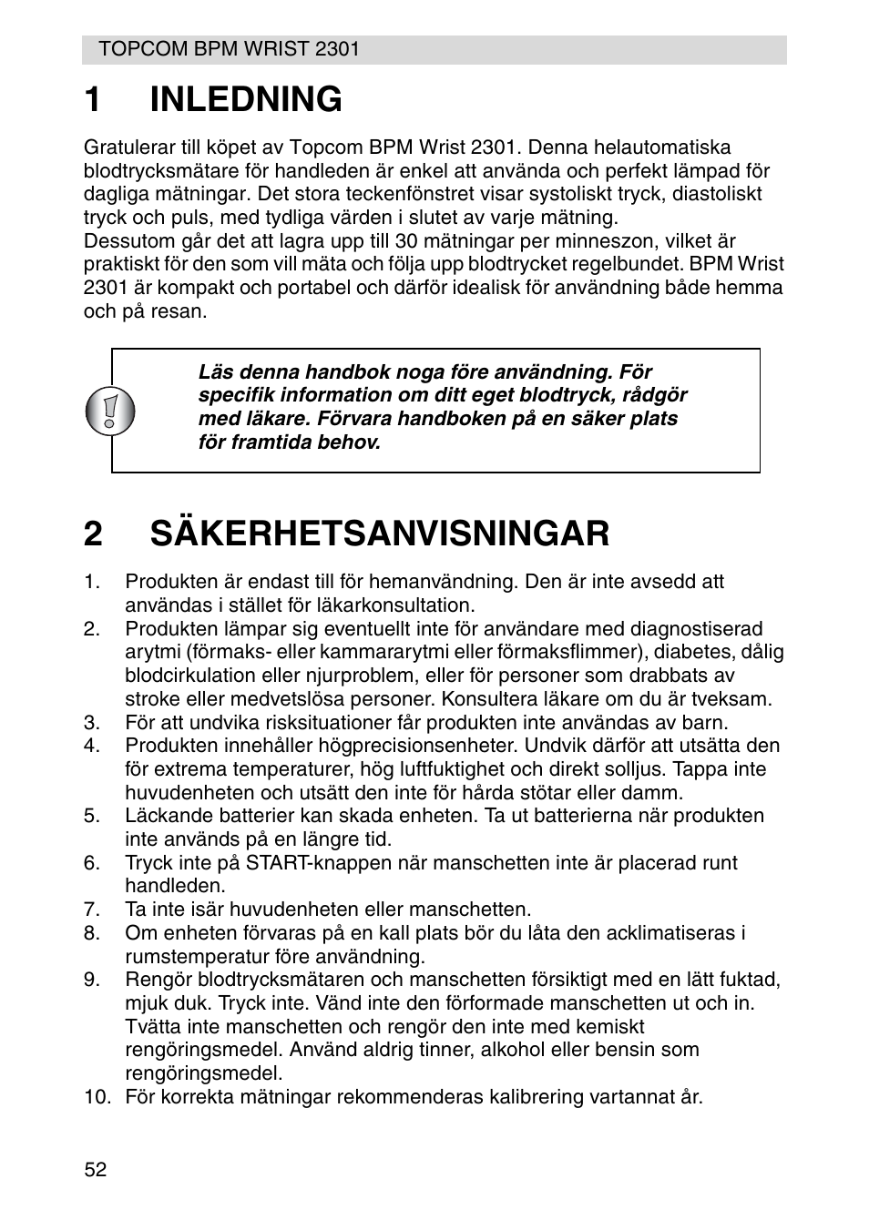 1inledning, 2säkerhetsanvisningar | Topcom BPM Wrist 2301 User Manual | Page 52 / 112