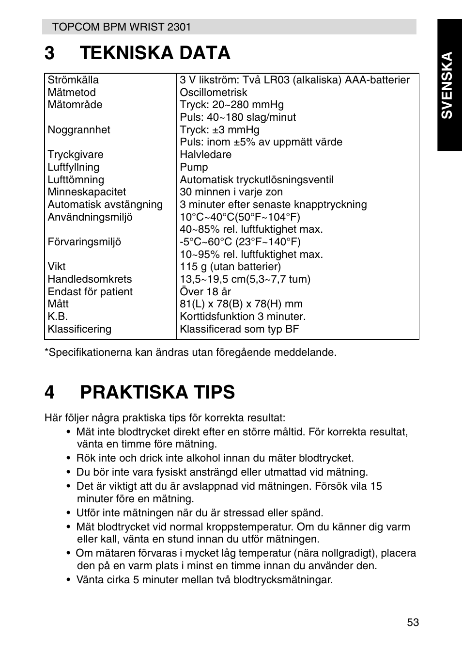 3tekniska data, 4praktiska tips | Topcom BPM Wrist 2301 User Manual | Page 53 / 112