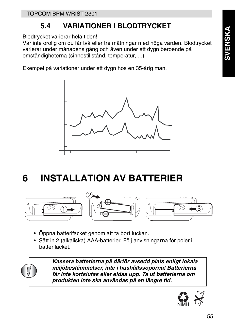 6installation av batterier, Svenska 5.4 variationer i blodtrycket | Topcom BPM Wrist 2301 User Manual | Page 55 / 112