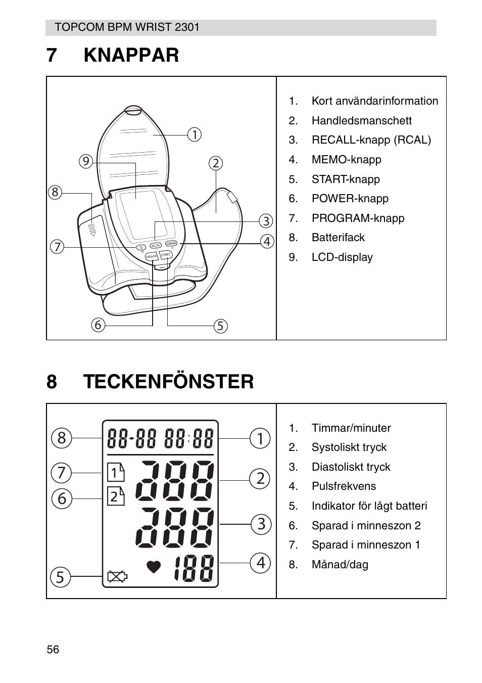 7knappar 8 teckenfönster | Topcom BPM Wrist 2301 User Manual | Page 56 / 112