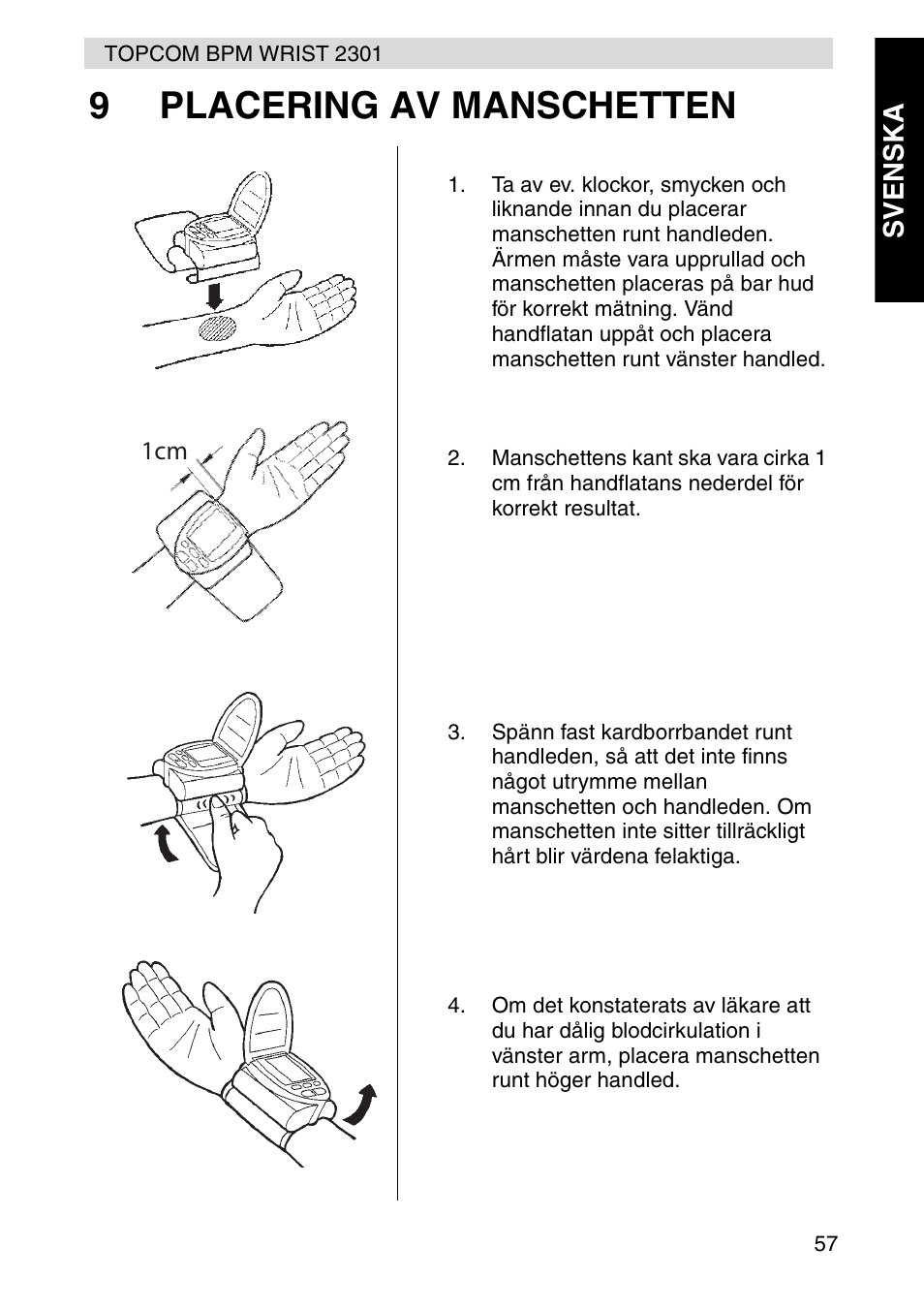 9placering av manschetten | Topcom BPM Wrist 2301 User Manual | Page 57 / 112