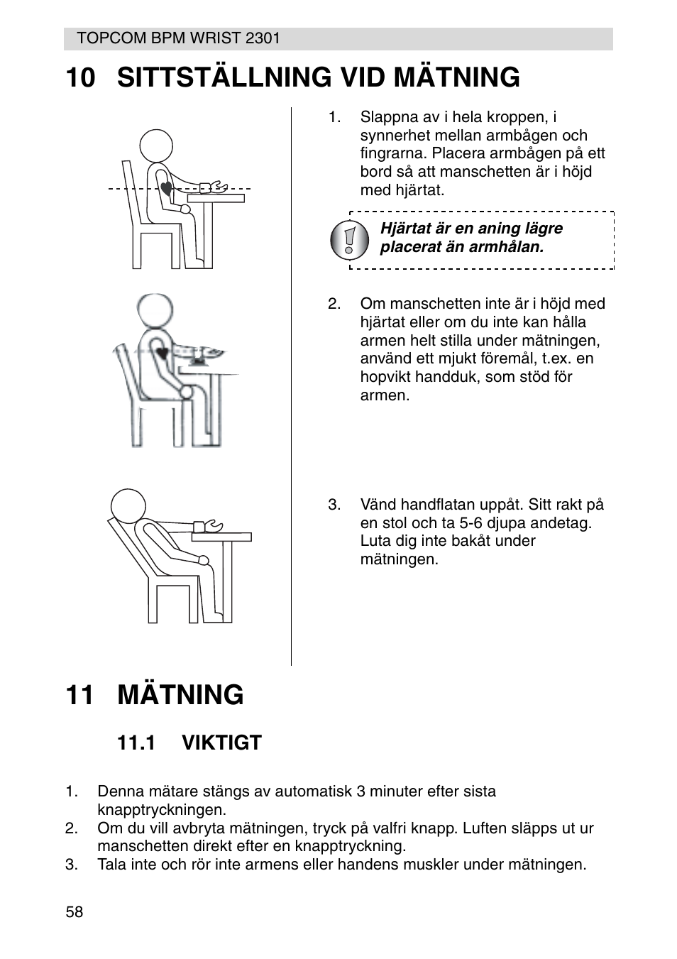 10 sittställning vid mätning 11 mätning | Topcom BPM Wrist 2301 User Manual | Page 58 / 112