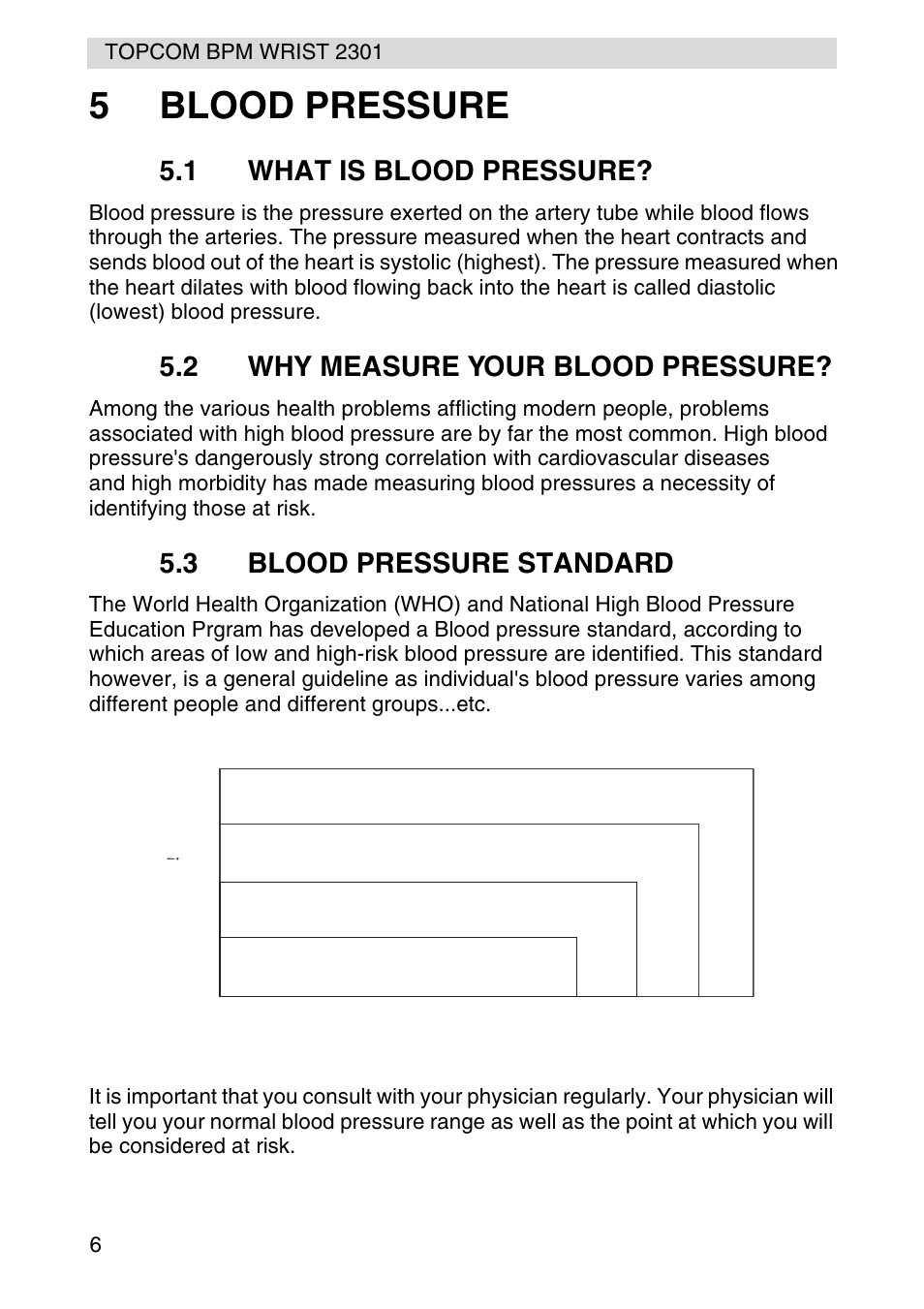 5blood pressure, Stage 2 hypertension, Stage 1 hypertension | Normal, Prehypertension, 1 what is blood pressure, 2 why measure your blood pressure, 3 blood pressure standard | Topcom BPM Wrist 2301 User Manual | Page 6 / 112