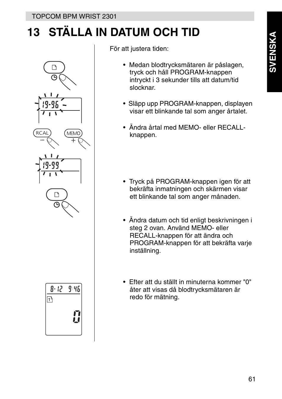 13 ställa in datum och tid, Svenska | Topcom BPM Wrist 2301 User Manual | Page 61 / 112