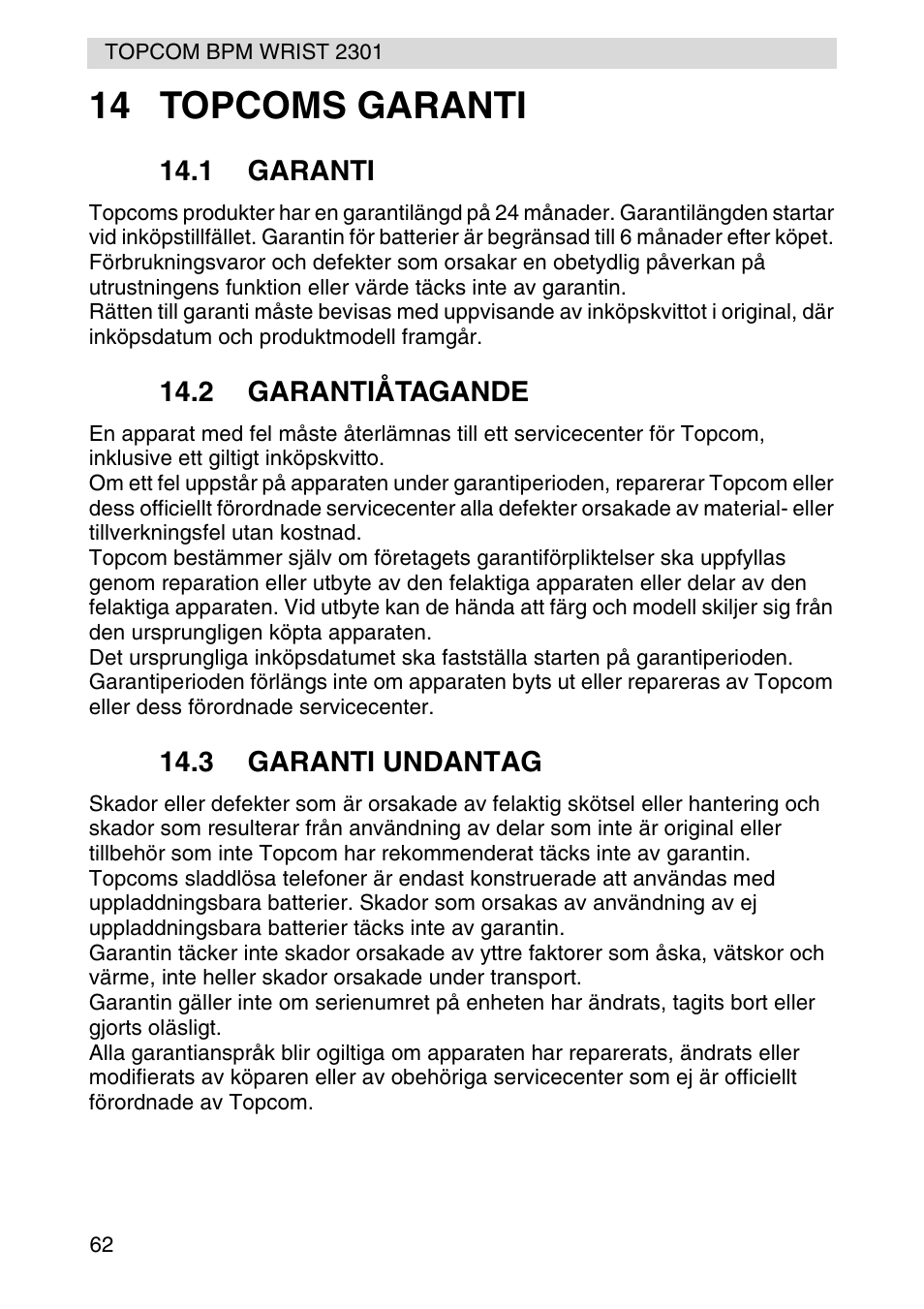 14 topcoms garanti | Topcom BPM Wrist 2301 User Manual | Page 62 / 112