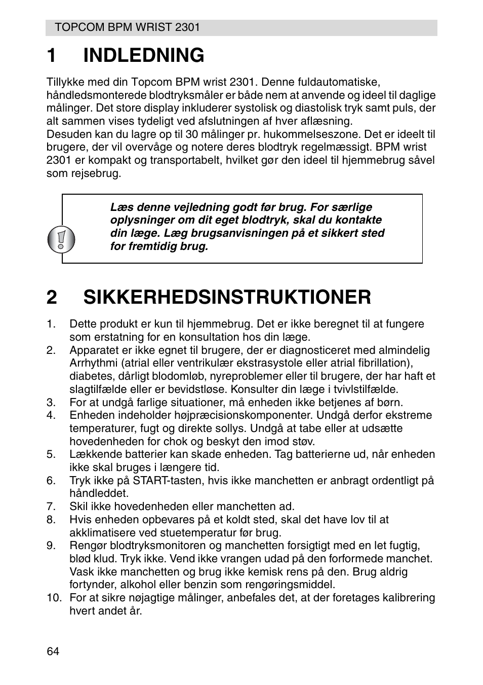 1indledning, 2sikkerhedsinstruktioner | Topcom BPM Wrist 2301 User Manual | Page 64 / 112