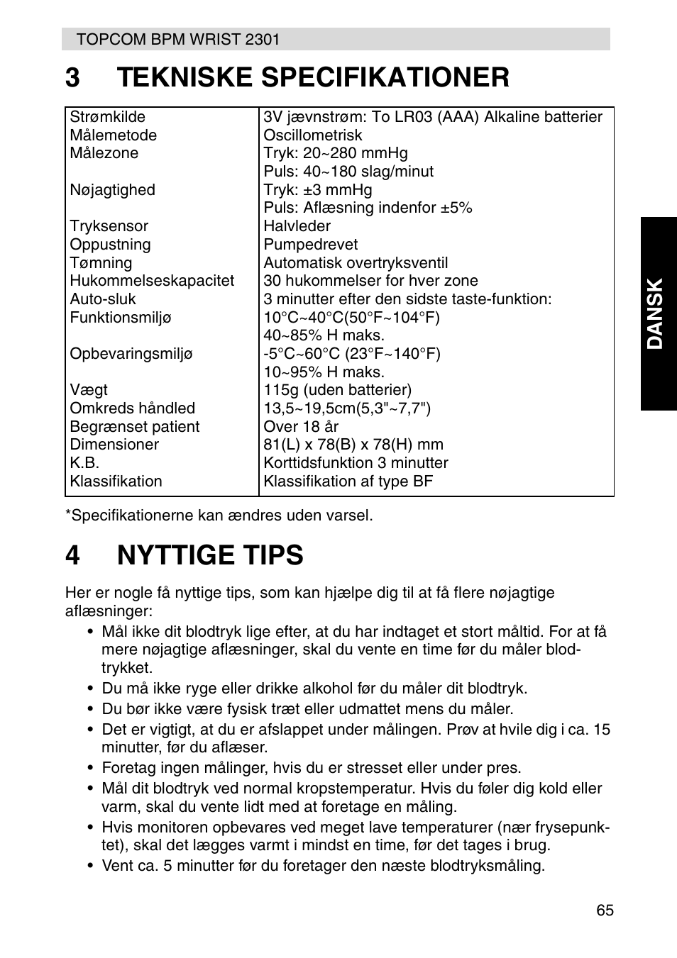 3tekniske specifikationer, 4nyttige tips | Topcom BPM Wrist 2301 User Manual | Page 65 / 112