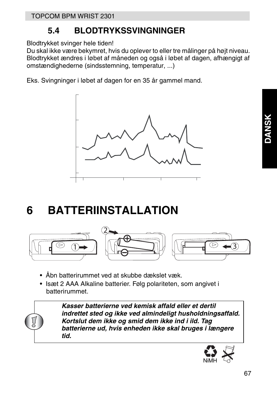 6batteriinstallation, Dansk 5.4 blodtrykssvingninger | Topcom BPM Wrist 2301 User Manual | Page 67 / 112