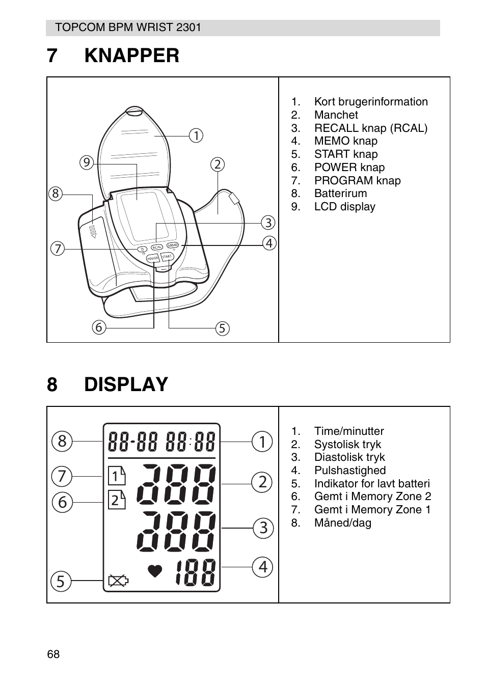 7knapper 8 display | Topcom BPM Wrist 2301 User Manual | Page 68 / 112