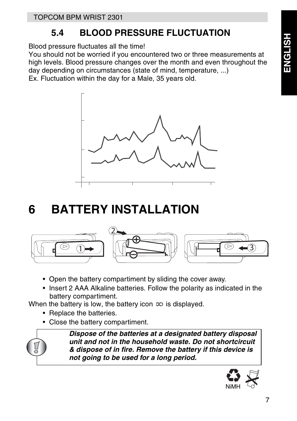 6battery installation, Engl ish 5.4 blood pressure fluctuation | Topcom BPM Wrist 2301 User Manual | Page 7 / 112