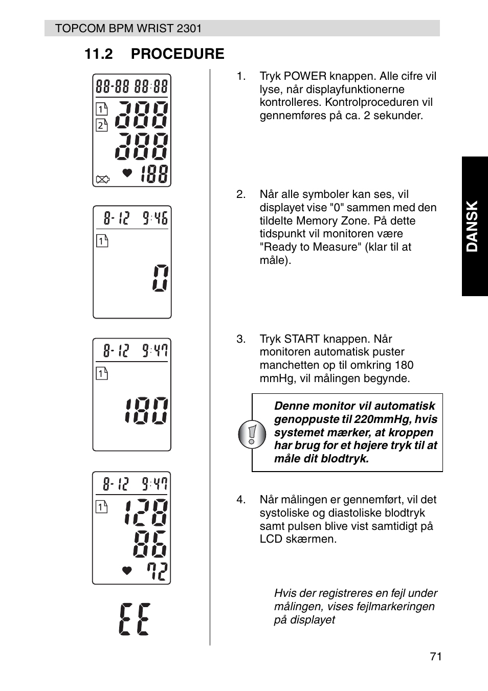 Dansk 11.2 procedure | Topcom BPM Wrist 2301 User Manual | Page 71 / 112