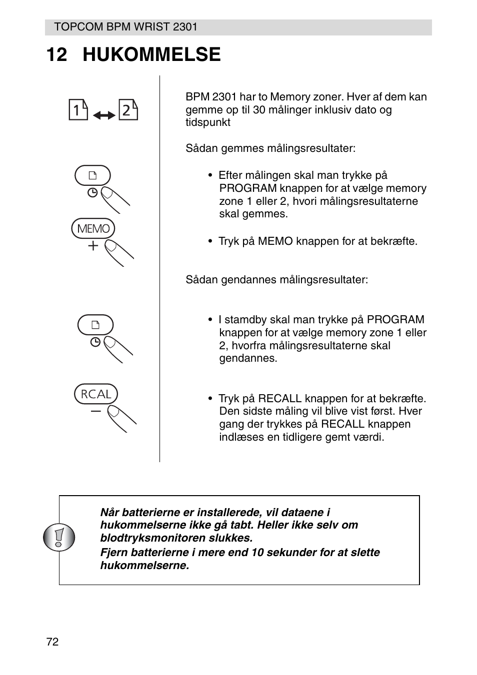 12 hukommelse | Topcom BPM Wrist 2301 User Manual | Page 72 / 112