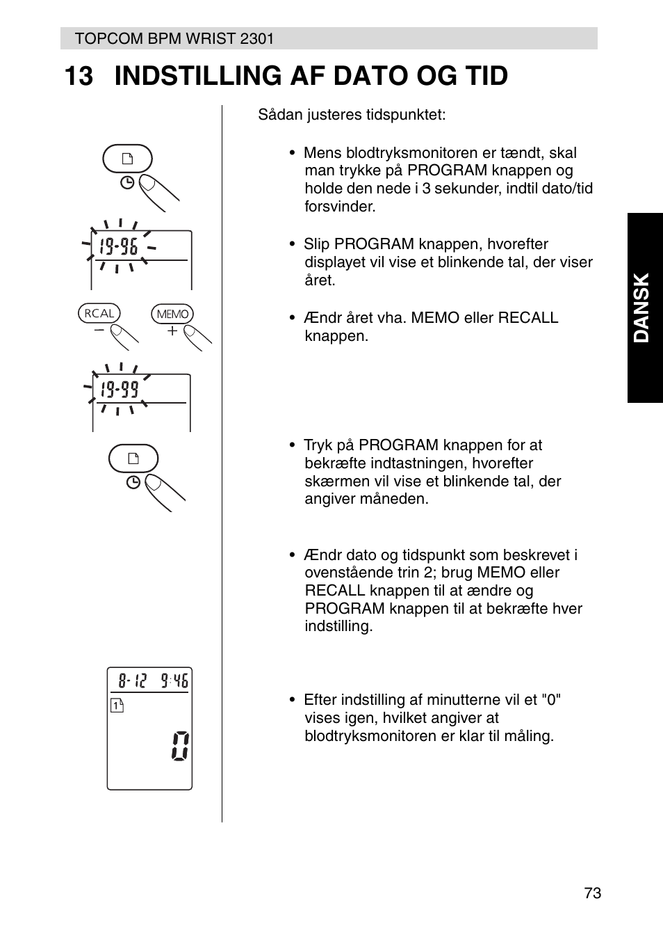 13 indstilling af dato og tid, Dansk | Topcom BPM Wrist 2301 User Manual | Page 73 / 112