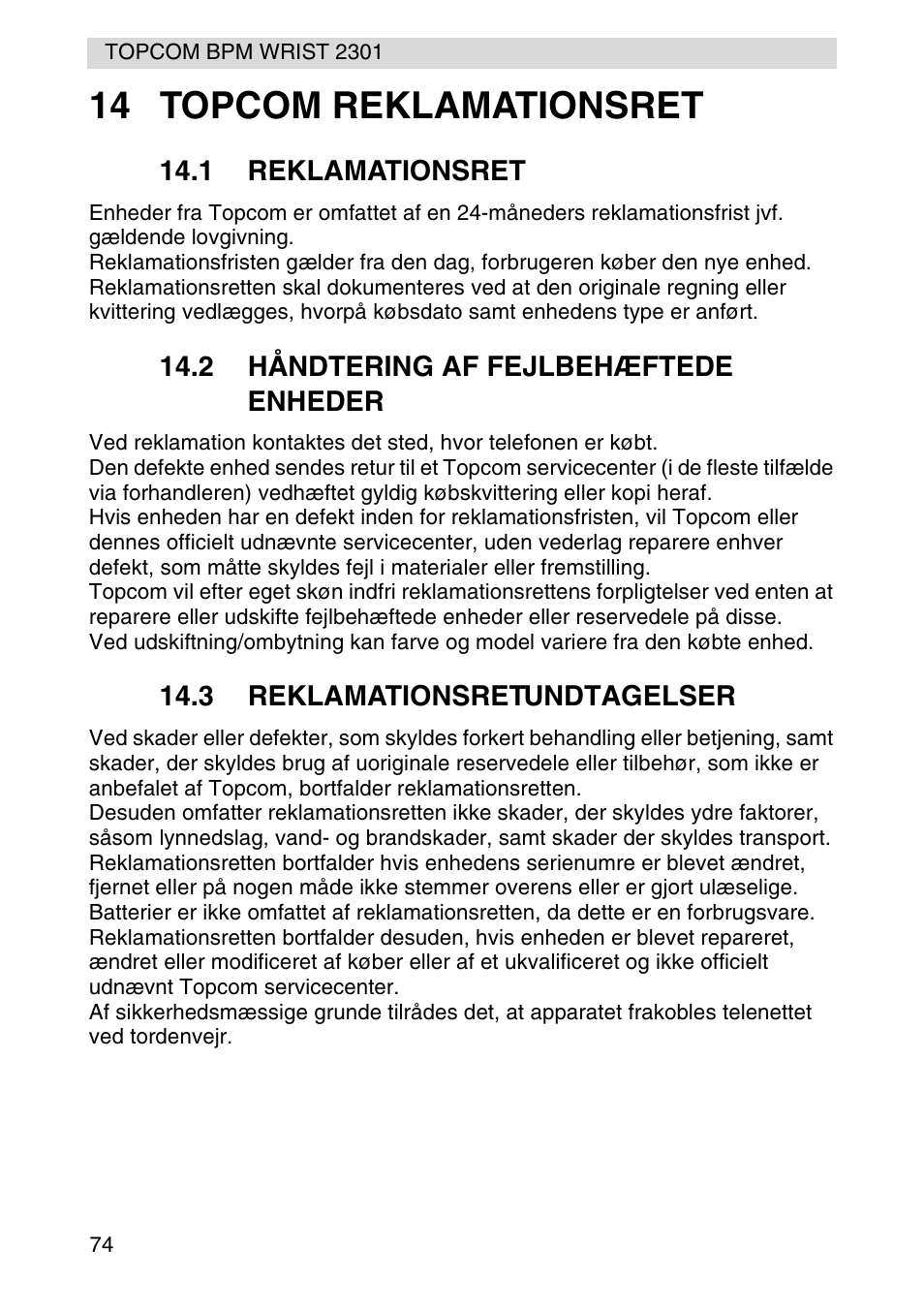 14 topcom reklamationsret | Topcom BPM Wrist 2301 User Manual | Page 74 / 112