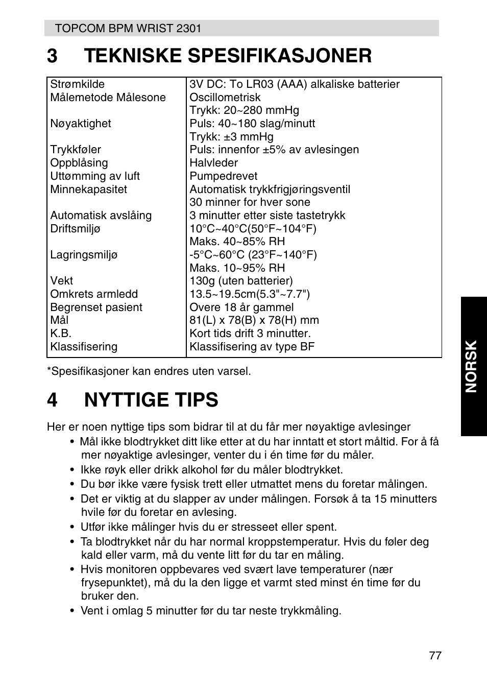 3tekniske spesifikasjoner, 4nyttige tips | Topcom BPM Wrist 2301 User Manual | Page 77 / 112