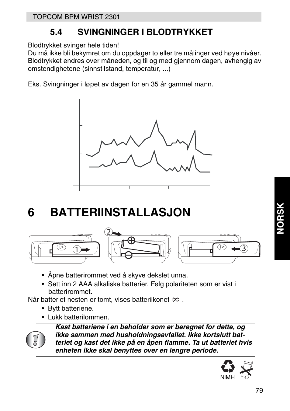 6batteriinstallasjon, Norsk 5.4 svingninger i blodtrykket | Topcom BPM Wrist 2301 User Manual | Page 79 / 112