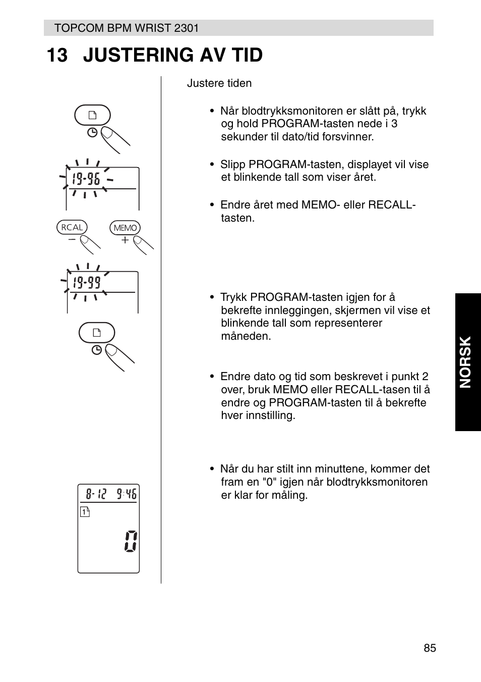 13 justering av tid, Norsk | Topcom BPM Wrist 2301 User Manual | Page 85 / 112
