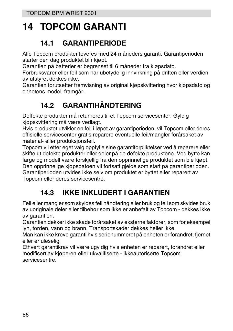 14 topcom garanti | Topcom BPM Wrist 2301 User Manual | Page 86 / 112