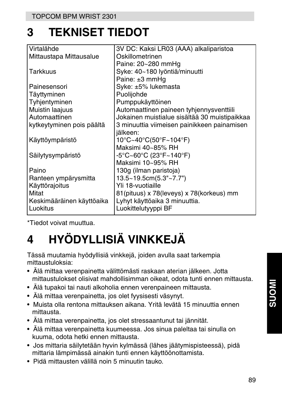 3tekniset tiedot, 4hyödyllisiä vinkkejä | Topcom BPM Wrist 2301 User Manual | Page 89 / 112
