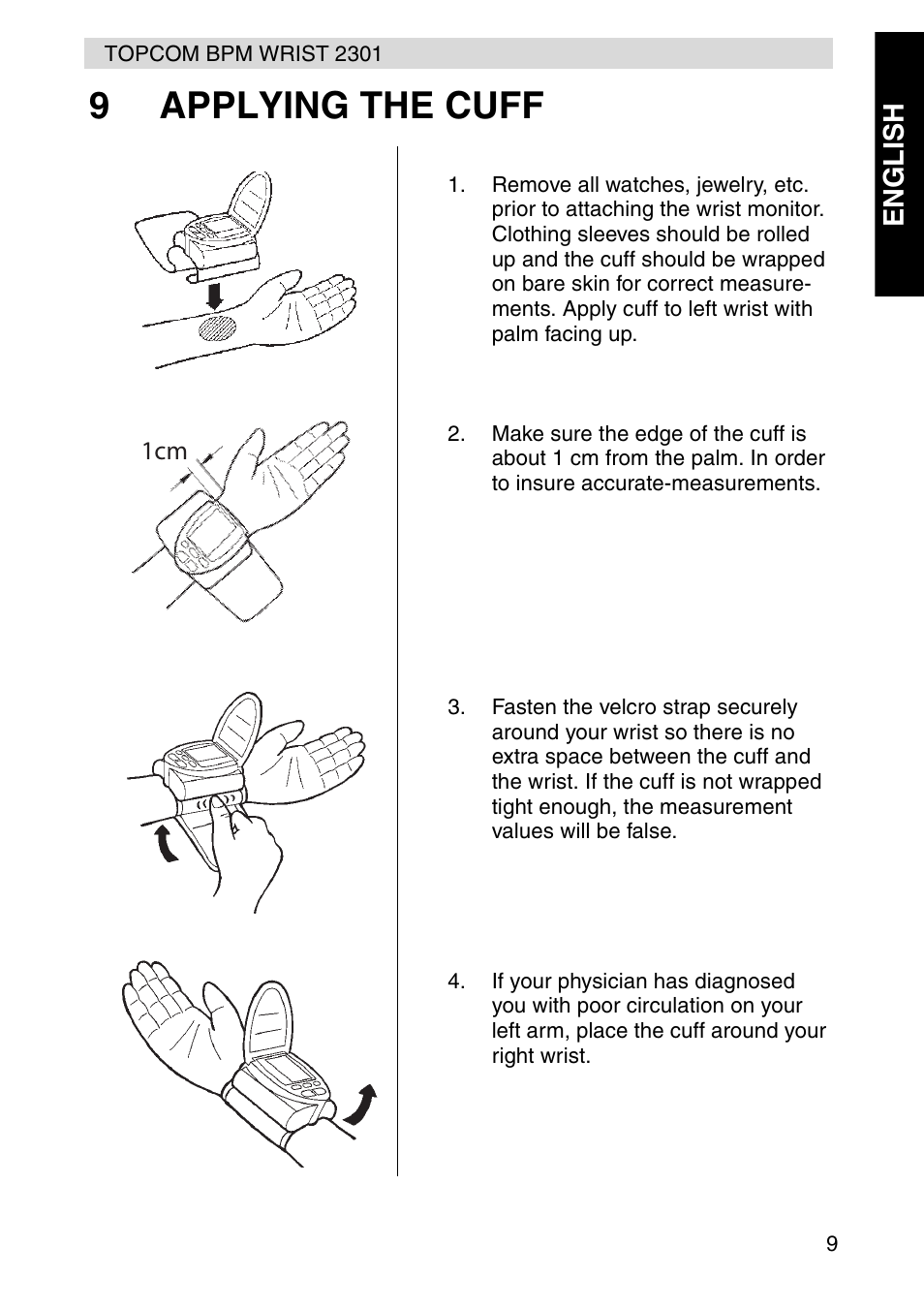 9applying the cuff | Topcom BPM Wrist 2301 User Manual | Page 9 / 112