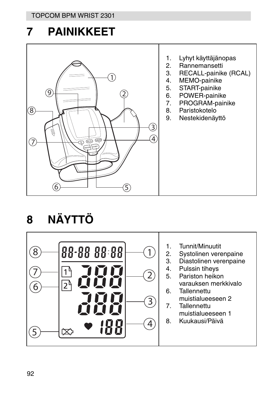 7painikkeet 8 näyttö | Topcom BPM Wrist 2301 User Manual | Page 92 / 112