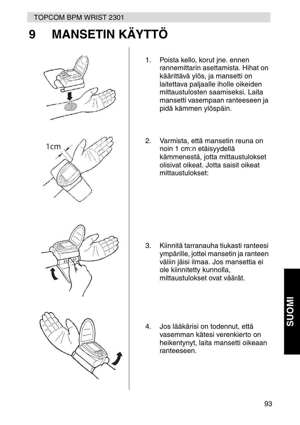 9mansetin käyttö | Topcom BPM Wrist 2301 User Manual | Page 93 / 112