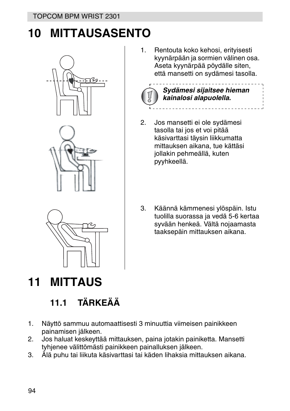 10 mittausasento 11 mittaus | Topcom BPM Wrist 2301 User Manual | Page 94 / 112