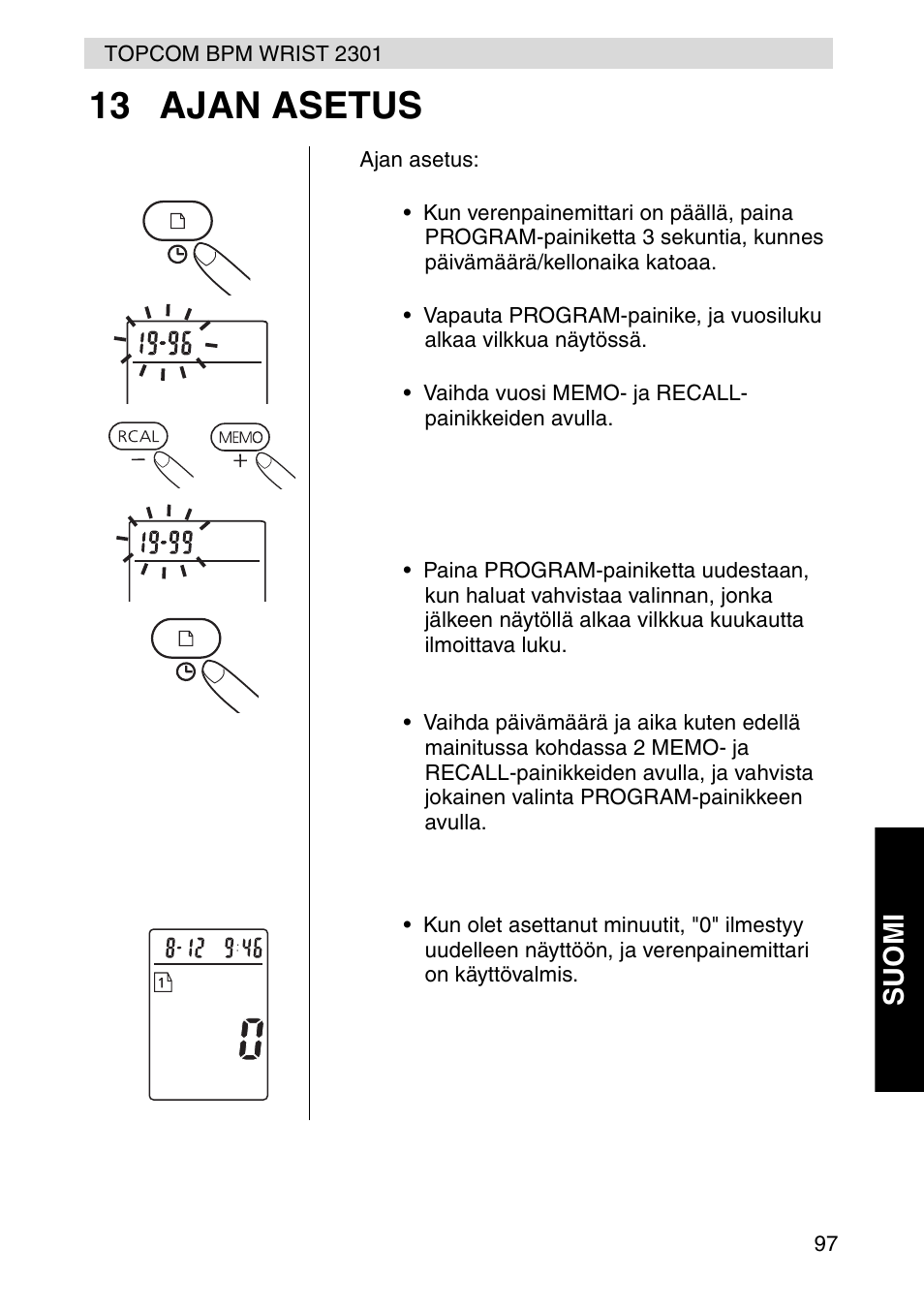 13 ajan asetus, Suomi | Topcom BPM Wrist 2301 User Manual | Page 97 / 112