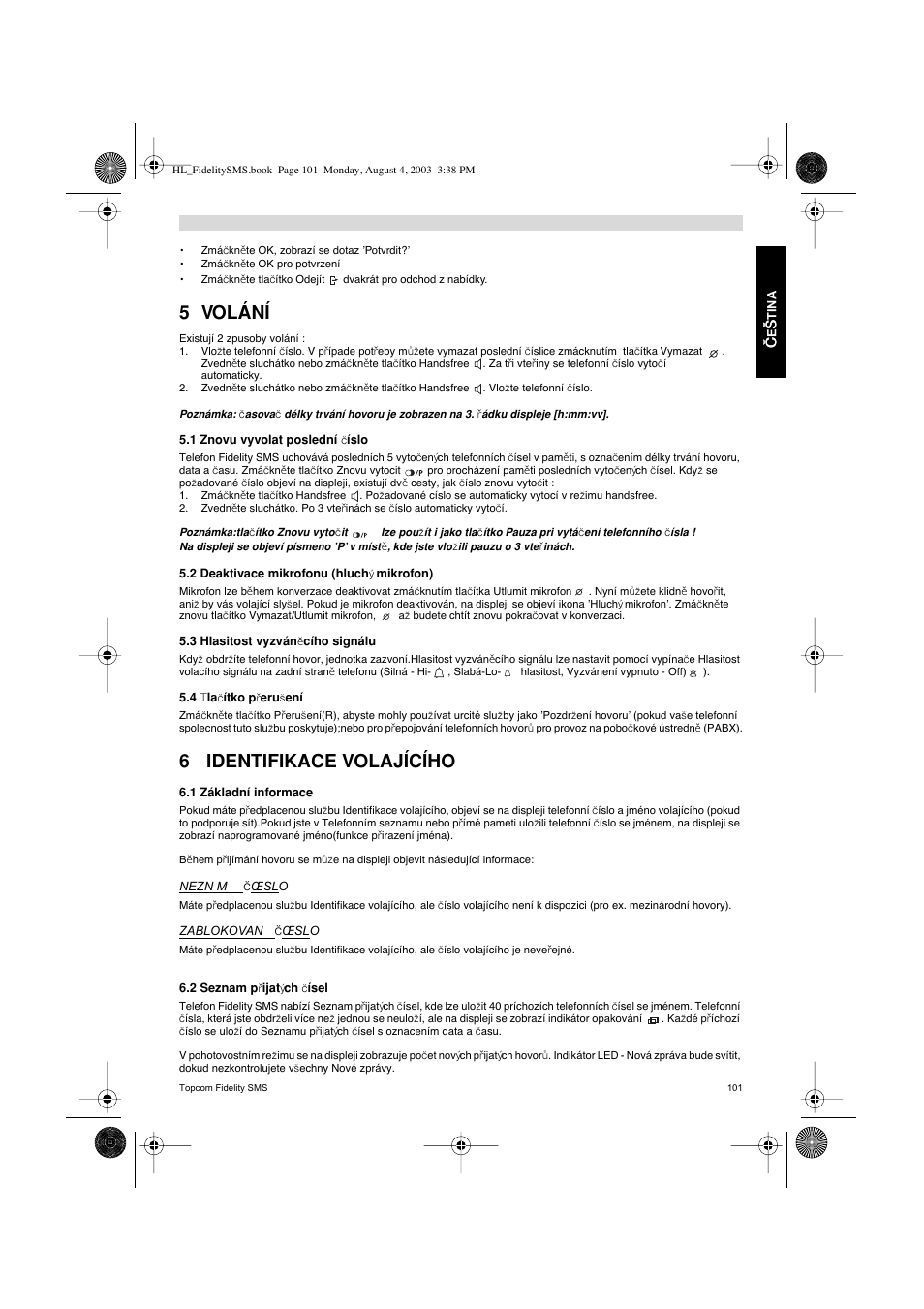 5 volání, 6 identifikace volajícího | Topcom FIDELITY SMS User Manual | Page 101 / 140