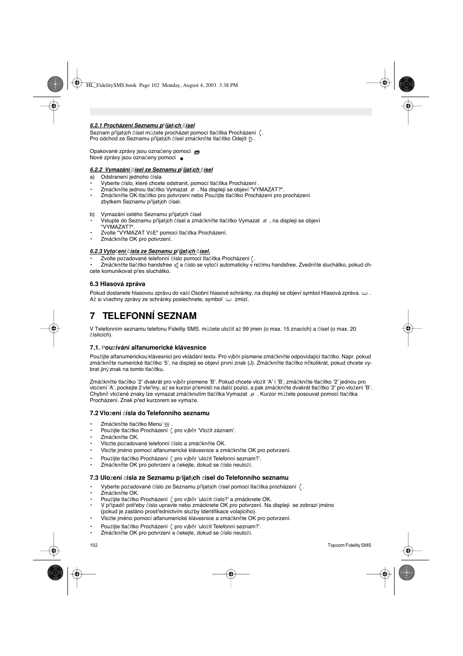 7 telefonní seznam | Topcom FIDELITY SMS User Manual | Page 102 / 140