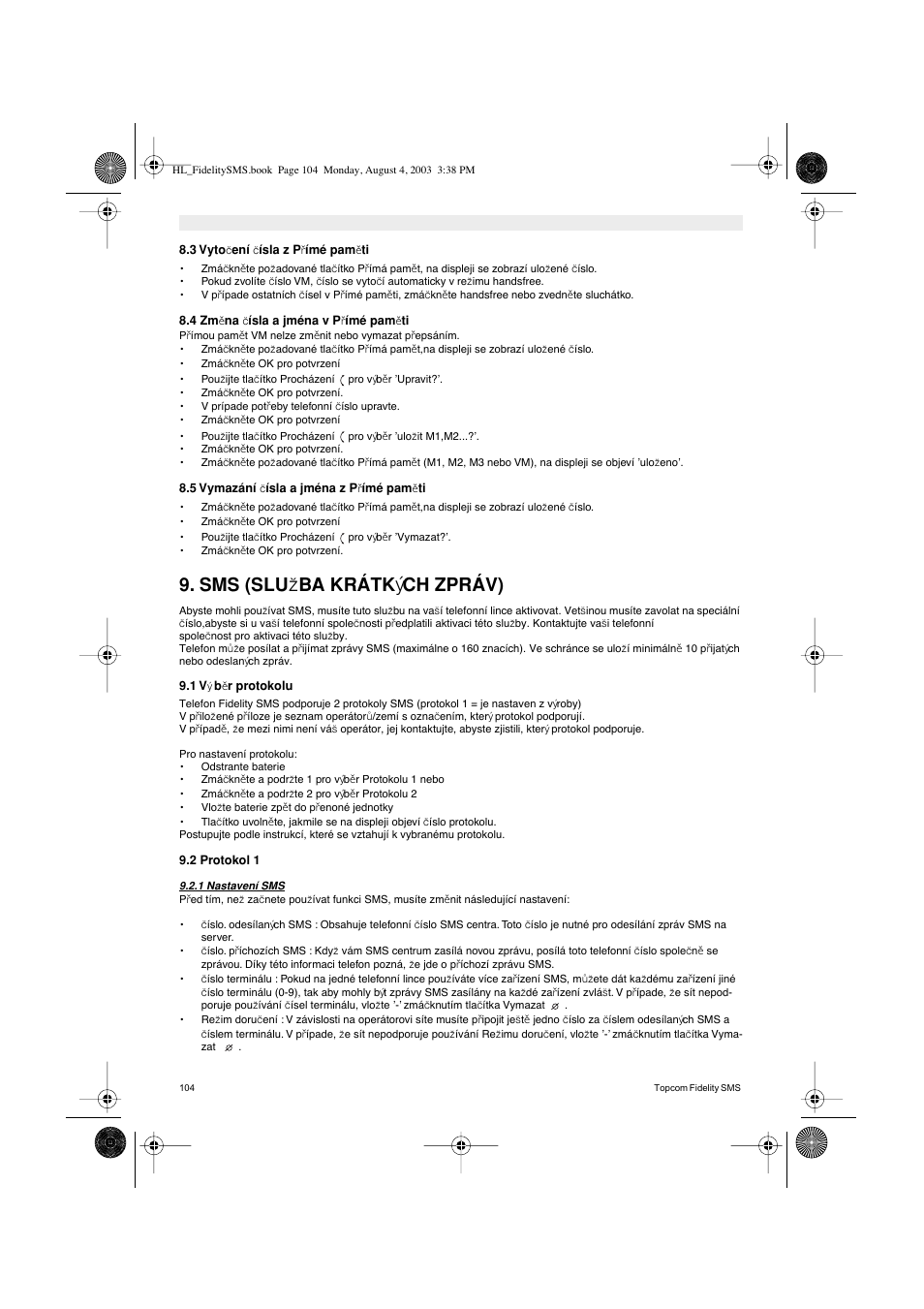 Sms (slu, Ba krátk, Ch zpráv) | Topcom FIDELITY SMS User Manual | Page 104 / 140