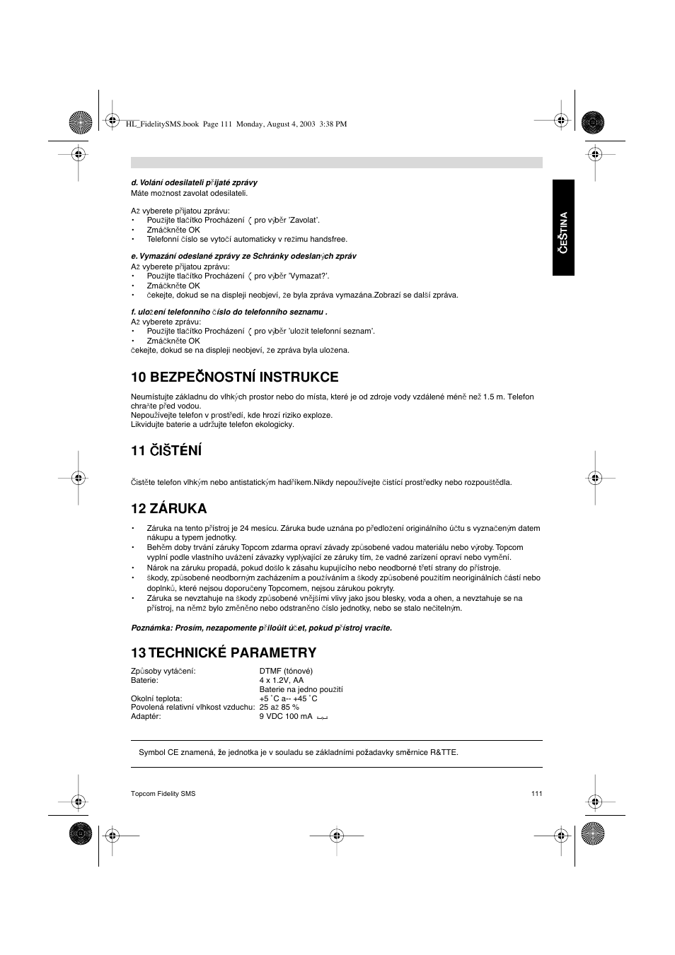 Ззз з, 10 bezpe, Nostní instrukce | Tйnн, 12 záruka, 13 technické parametry | Topcom FIDELITY SMS User Manual | Page 111 / 140
