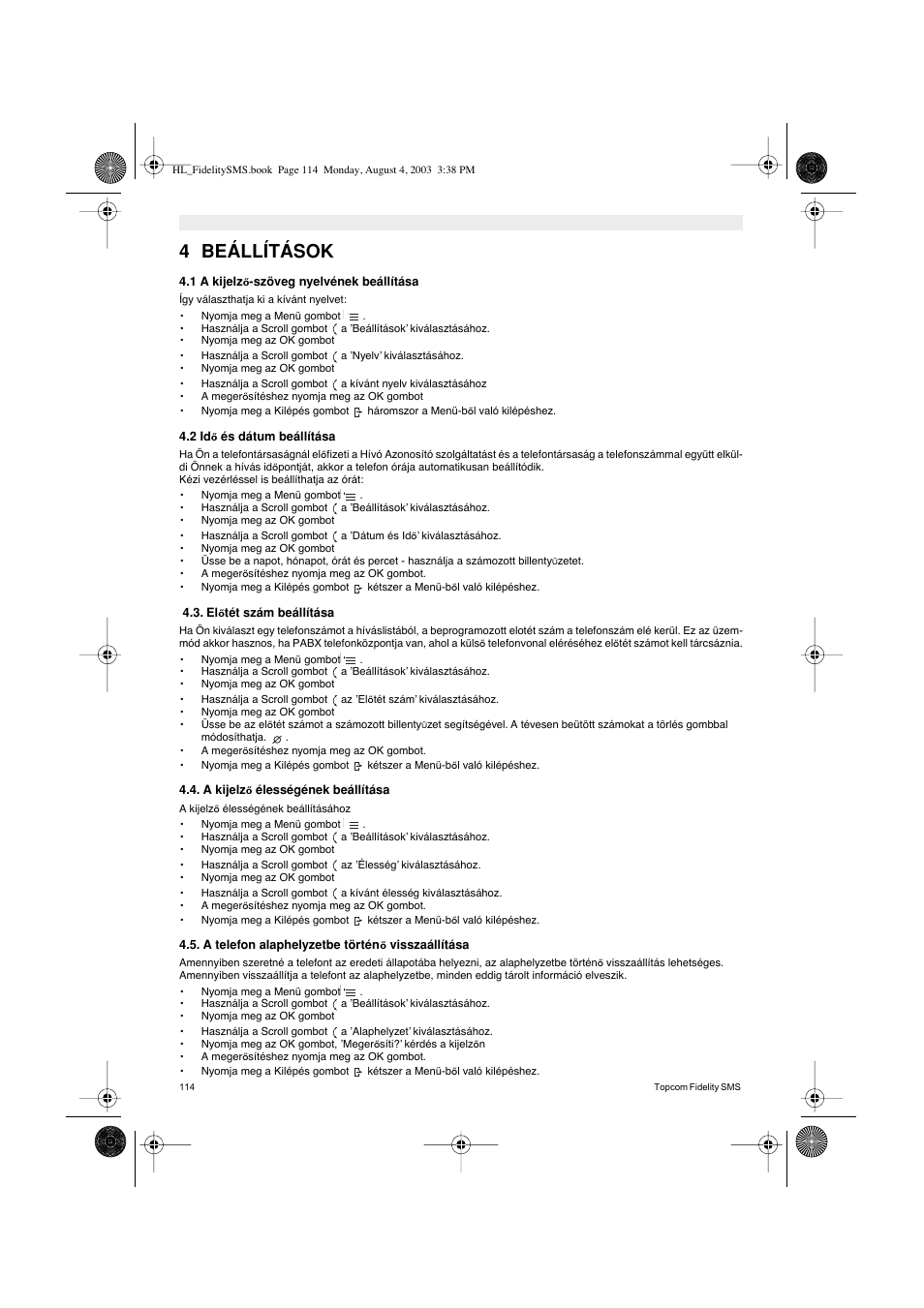 4 beállítások | Topcom FIDELITY SMS User Manual | Page 114 / 140