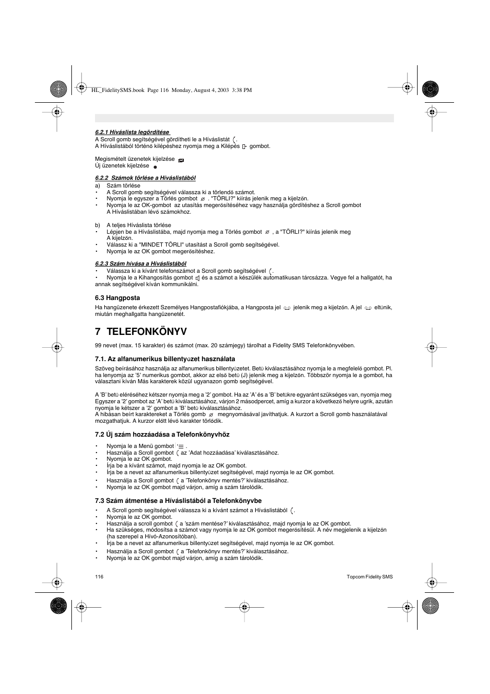 7 telefonkönyv | Topcom FIDELITY SMS User Manual | Page 116 / 140