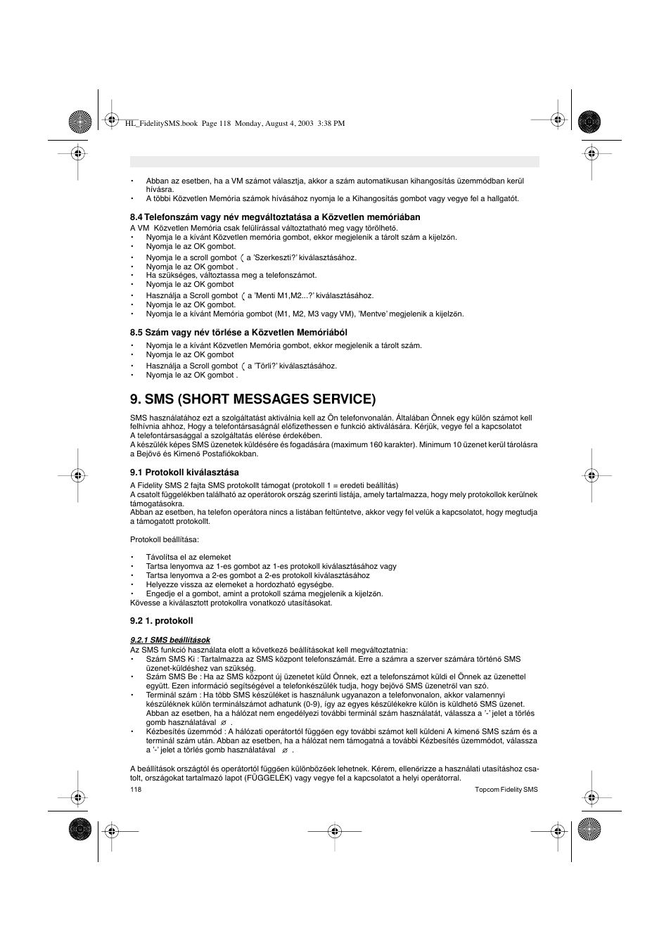 Sms (short messages service) | Topcom FIDELITY SMS User Manual | Page 118 / 140