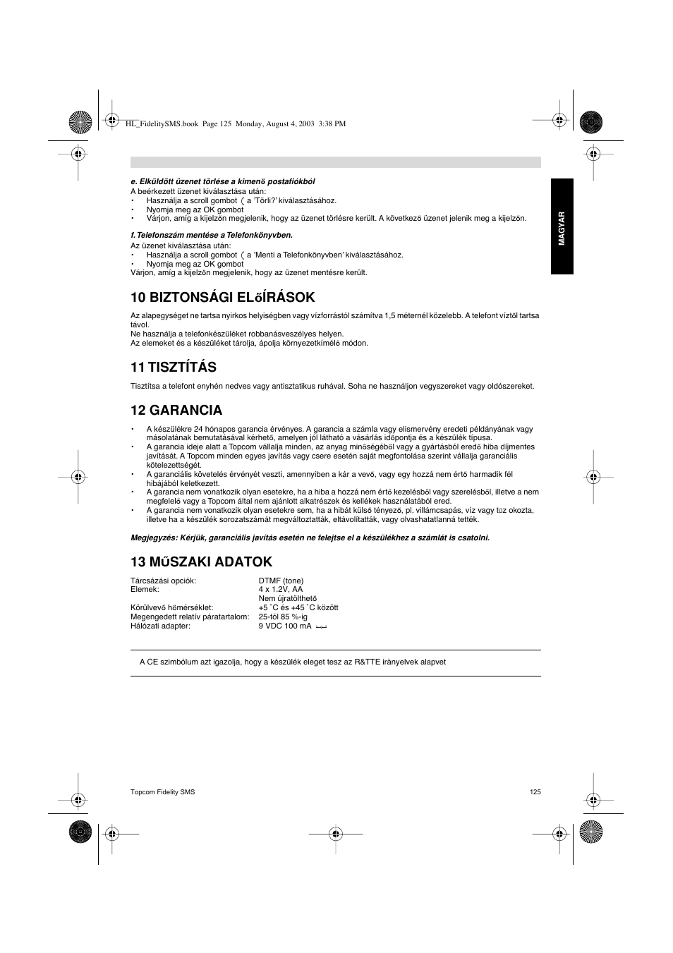10 biztonsági el őírások, 11 tisztítás, 12 garancia | 13 m, Szaki adatok | Topcom FIDELITY SMS User Manual | Page 125 / 140