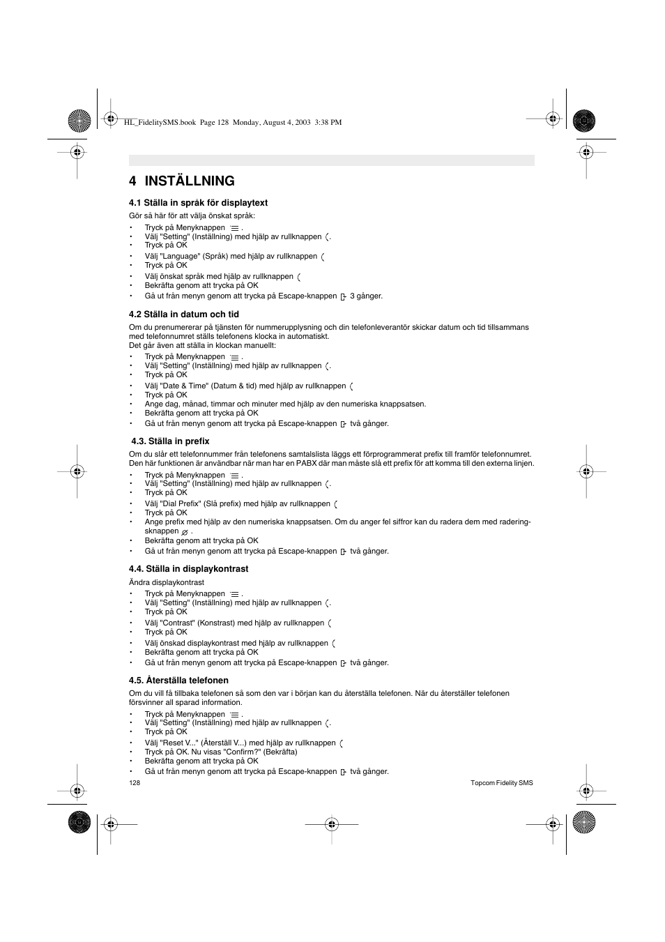 4 inställning | Topcom FIDELITY SMS User Manual | Page 128 / 140