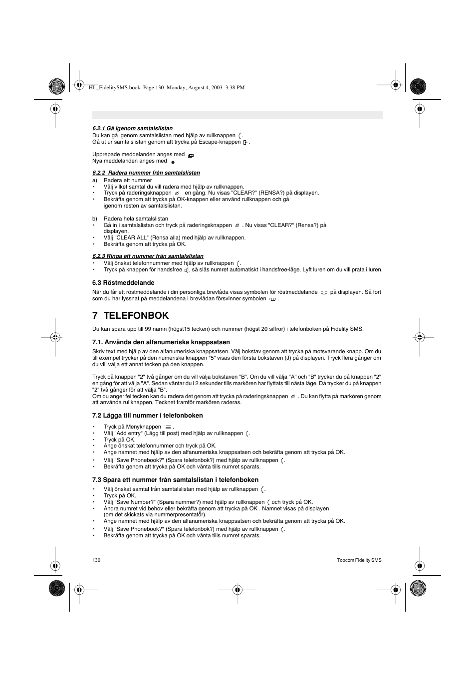 7 telefonbok | Topcom FIDELITY SMS User Manual | Page 130 / 140