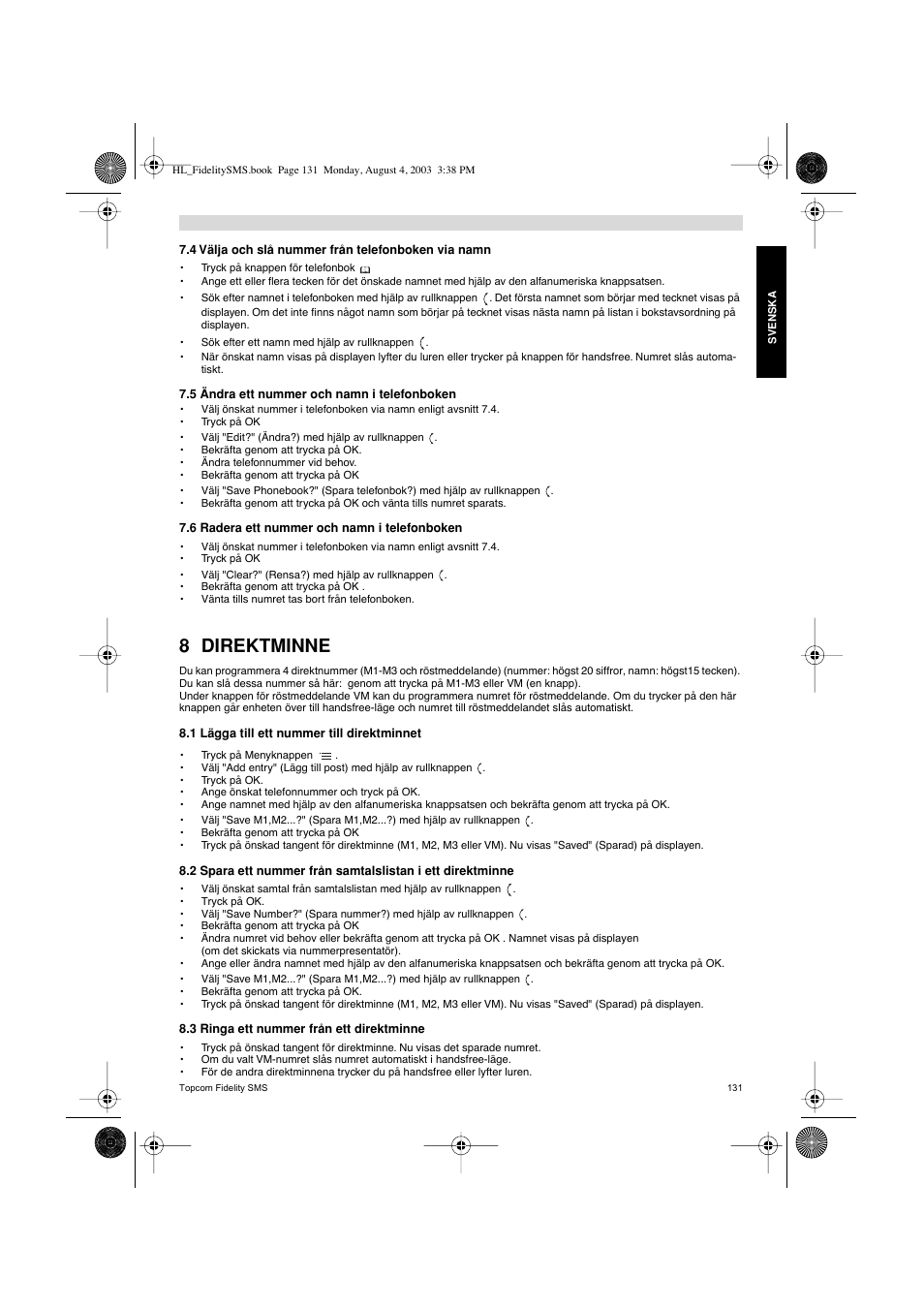 8 direktminne | Topcom FIDELITY SMS User Manual | Page 131 / 140