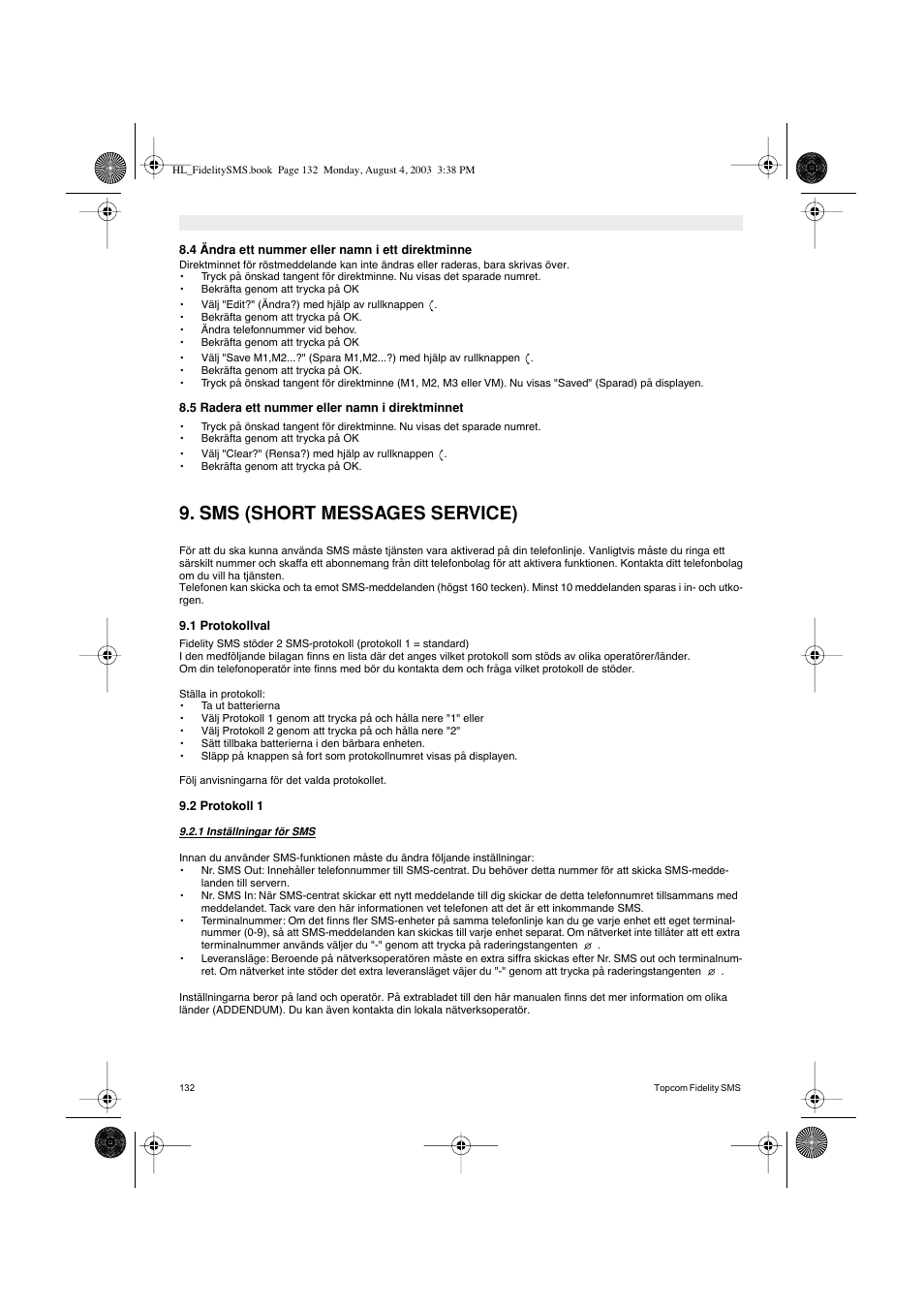 Sms (short messages service) | Topcom FIDELITY SMS User Manual | Page 132 / 140