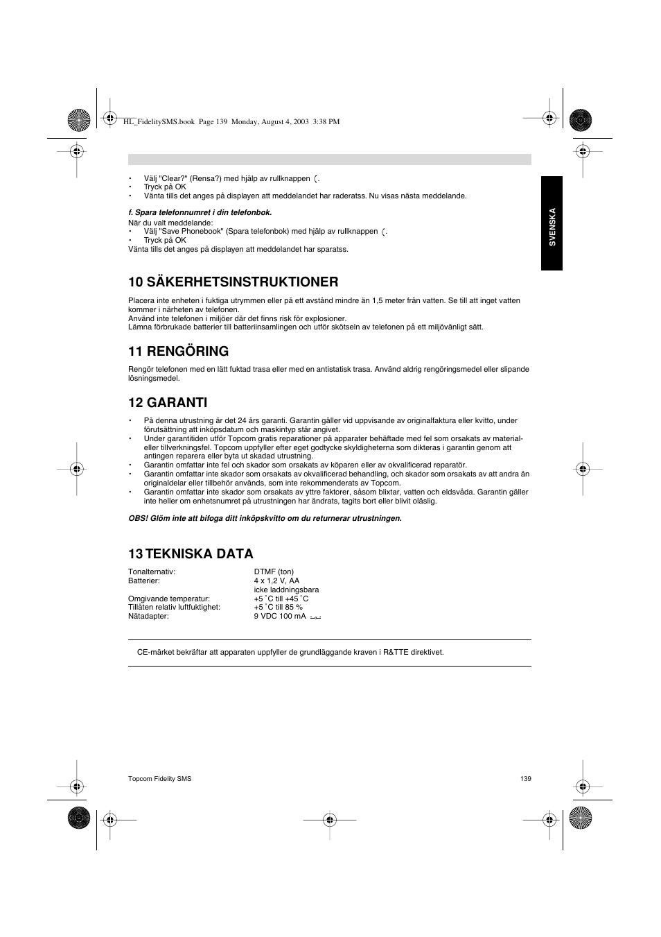 10 säkerhetsinstruktioner, 11 rengöring, 12 garanti | 13 tekniska data | Topcom FIDELITY SMS User Manual | Page 139 / 140