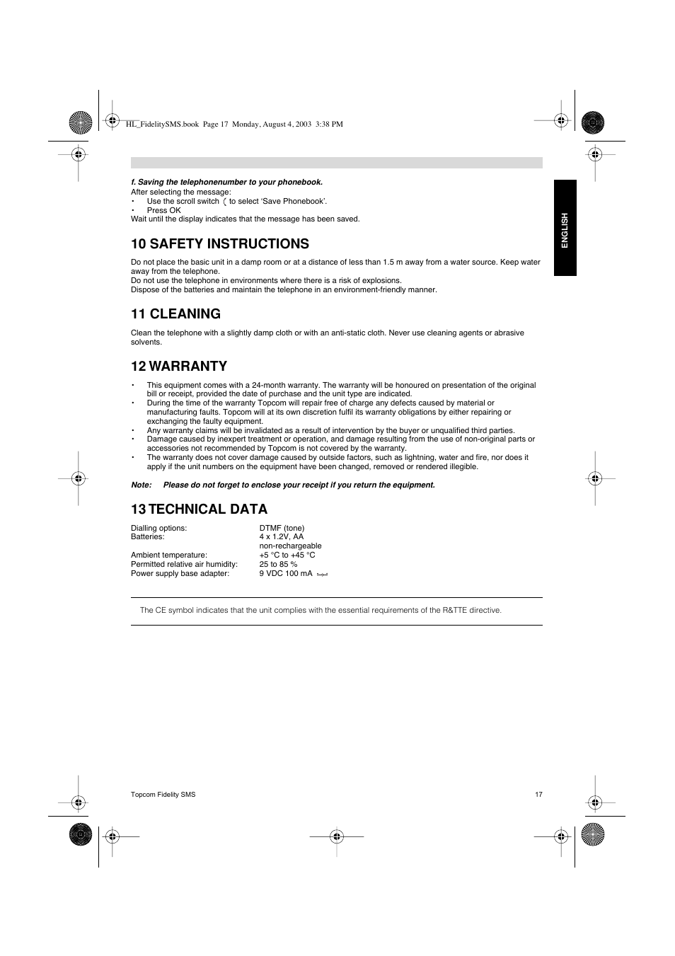 10 safety instructions, 11 cleaning, 12 warranty | 13 technical data | Topcom FIDELITY SMS User Manual | Page 17 / 140