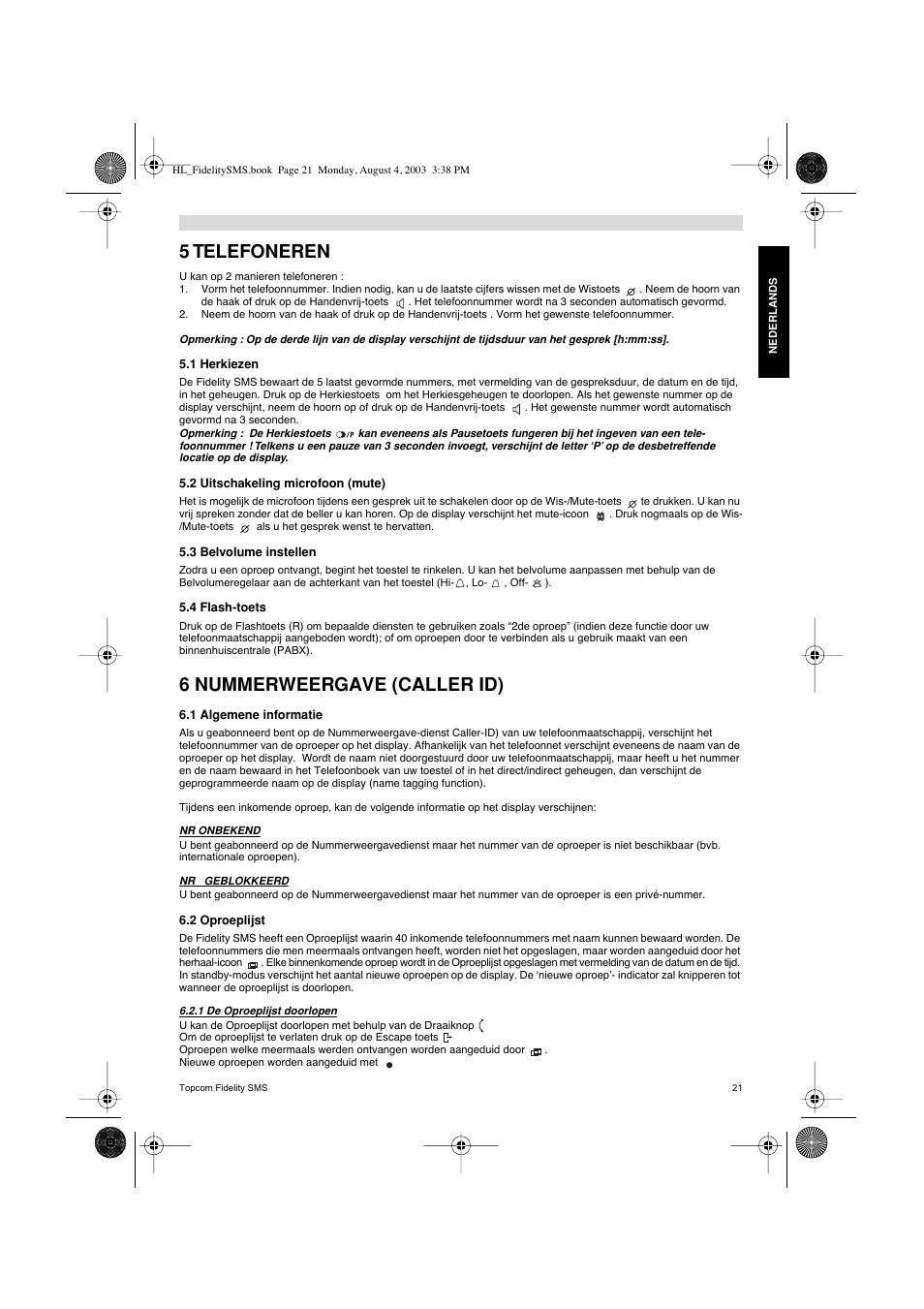 5 telefoneren, 6 nummerweergave (caller id) | Topcom FIDELITY SMS User Manual | Page 21 / 140