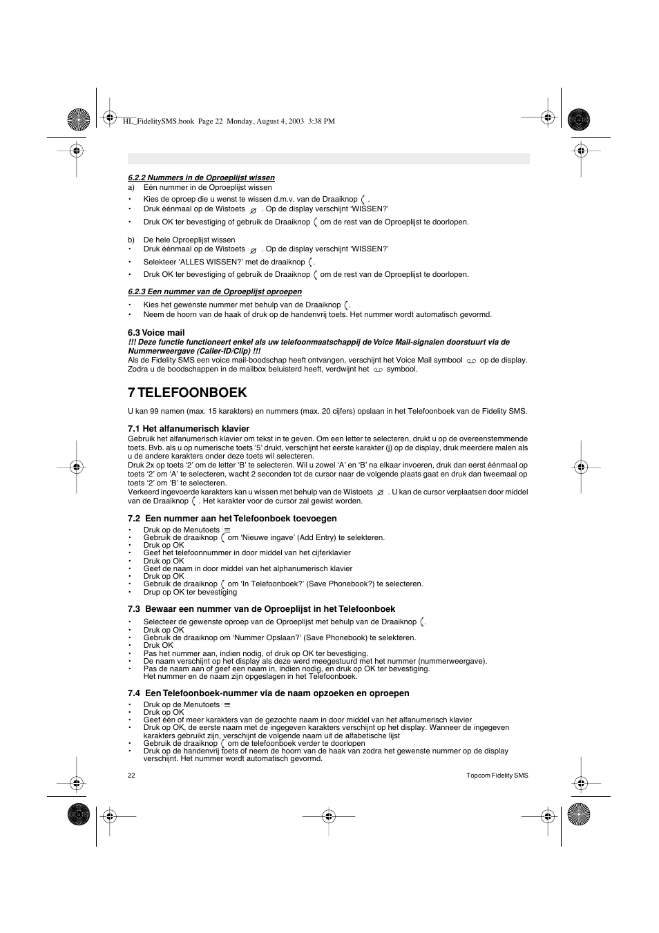 7 telefoonboek | Topcom FIDELITY SMS User Manual | Page 22 / 140